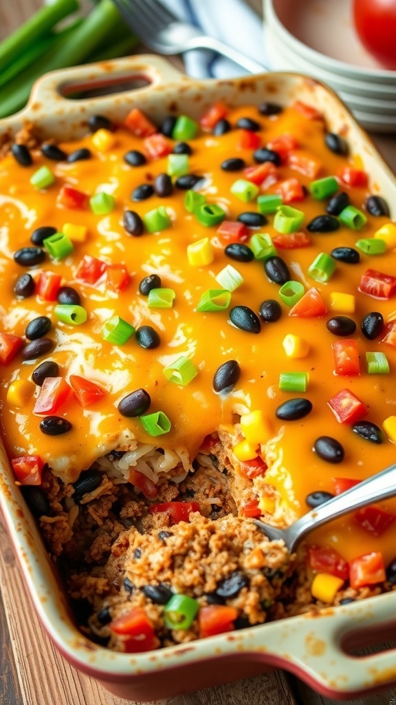 A colorful seven layer casserole with beef, beans, corn, and cheese, garnished with green onions.